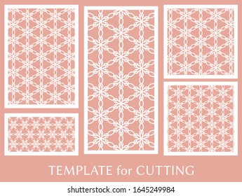 Decorative panels set for laser cutting. Geometric ornament for wedding invitation, envelope, greeting or business cards, Template for paper cut, printing, engraving wood, metal. Stencil manufacturing