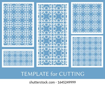 Decorative panels set for laser cutting. Geometric ornament for wedding invitation, envelope, greeting or business cards, Template for paper cut, printing, engraving wood, metal. Stencil manufacturing