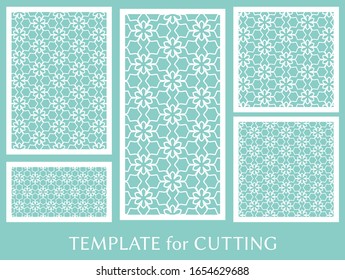 Dekorative Paneele zum Laserschneiden. Geometrisches Ornament für Hochzeitseinladung, Umschlag, Grußkarten oder Visitenkarten, Vorlage für Papierschnitt, Drucken, Gravieren von Holz, Metall. Herstellung von Stencil