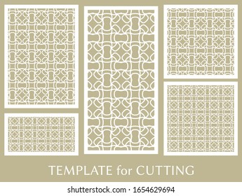 Decorative panels set for laser cutting. Geometric ornament for wedding invitation, envelope, greeting or business cards, Template for paper cut, printing, engraving wood, metal. Stencil manufacturing