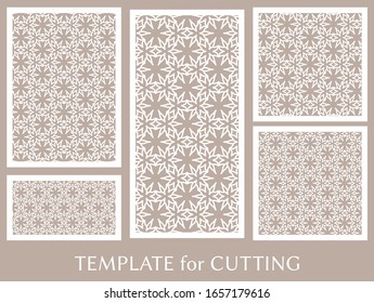 Decorative panels set for laser cutting. Geometric ornament for wedding invitation, envelope, greeting or business cards, Template for paper cut, printing, engraving wood, metal. Stencil manufacturing
