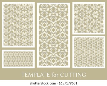 Dekorative Paneele zum Laserschneiden. Geometrisches Ornament für Hochzeitseinladung, Umschlag, Grußkarten oder Visitenkarten, Vorlage für Papierschnitt, Drucken, Gravieren von Holz, Metall. Herstellung von Stencil