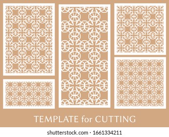 Decorative panels set for laser cutting. Geometric ornament for wedding invitation, envelope, greeting or business cards, Template for paper cut, printing, engraving wood, metal. Stencil manufacturing