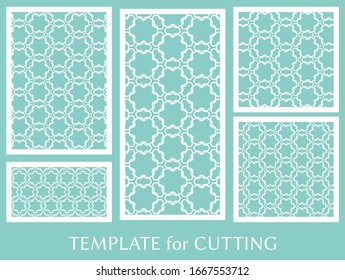 Decorative panels set for laser cutting. Geometric ornament for wedding invitation, envelope, greeting or business cards, Template for paper cut, printing, engraving wood, metal. Stencil manufacturing