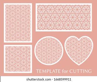 Decorative panels set for laser cutting. Geometric round ornament and heart element for wedding invitation, envelope, greeting card. Template for paper cut, printing. Stencil manufacturing
