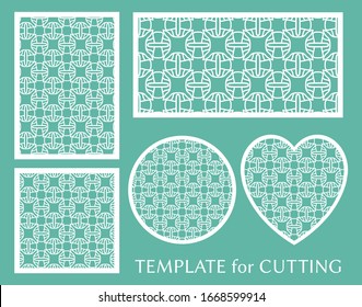 Decorative panels set for laser cutting. Geometric round ornament and heart element for wedding invitation, envelope, greeting card. Template for paper cut, printing. Stencil manufacturing