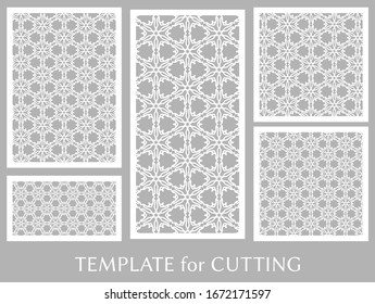 Dekorative Paneele zum Laserschneiden. Geometrisches Ornament für Hochzeitseinladung, Umschlag, Grußkarten oder Visitenkarten, Vorlage für Papierschnitt, Drucken, Gravieren von Holz, Metall. Herstellung von Stencil