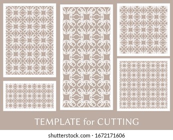 Decorative panels set for laser cutting. Geometric ornament for wedding invitation, envelope, greeting or business cards, Template for paper cut, printing, engraving wood, metal. Stencil manufacturing