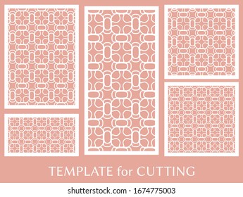 Decorative panels set for laser cutting. Geometric ornament for wedding invitation, envelope, greeting or business cards, Template for paper cut, printing, engraving wood, metal. Stencil manufacturing