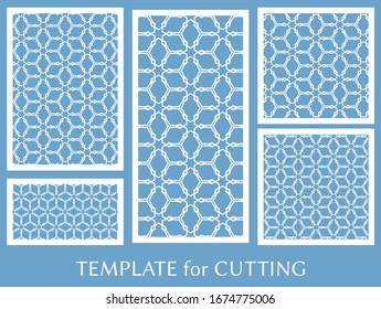 Decorative panels set for laser cutting. Geometric ornament for wedding invitation, envelope, greeting or business cards, Template for paper cut, printing, engraving wood, metal. Stencil manufacturing