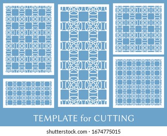 Dekorative Paneele zum Laserschneiden. Geometrisches Ornament für Hochzeitseinladung, Umschlag, Grußkarten oder Visitenkarten, Vorlage für Papierschnitt, Drucken, Gravieren von Holz, Metall. Herstellung von Stencil