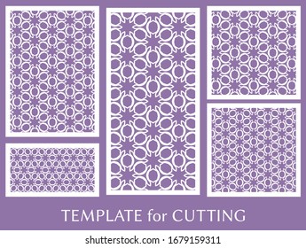 Decorative panels set for laser cutting. Geometric ornament for wedding invitation, envelope, greeting or business cards, Template for paper cut, printing, engraving wood, metal. Stencil manufacturing