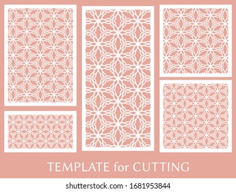 Decorative panels set for laser cutting. Geometric ornament for wedding invitation, envelope, greeting or business cards, Template for paper cut, printing, engraving wood, metal. Stencil manufacturing