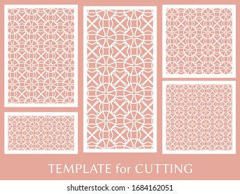 Decorative panels set for laser cutting. Geometric ornament for wedding invitation, envelope, greeting or business cards, Template for paper cut, printing, engraving wood, metal. Stencil manufacturing