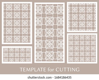 Decorative panels set for laser cutting. Geometric ornament for wedding invitation, envelope, greeting or business cards, Template for paper cut, printing, engraving wood, metal. Stencil manufacturing