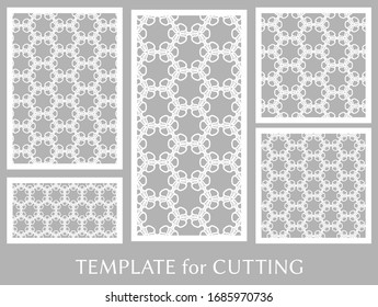 Decorative panels set for laser cutting. Geometric ornament for wedding invitation, envelope, greeting or business cards, Template for paper cut, printing, engraving wood, metal. Stencil manufacturing