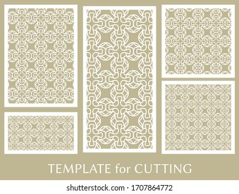 Decorative panels set for laser cutting. Geometric ornament for wedding invitation, envelope, greeting or business cards, Template for paper cut, printing, engraving wood, metal. Stencil manufacturing