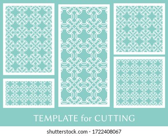 Decorative panels set for laser cutting. Geometric ornament for wedding invitation, envelope, greeting or business cards, Template for paper cut, printing, engraving wood, metal. Stencil manufacturing