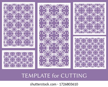 Decorative panels set for laser cutting. Geometric ornament for wedding invitation, envelope, greeting or business cards, Template for paper cut, printing, engraving wood, metal. Stencil manufacturing
