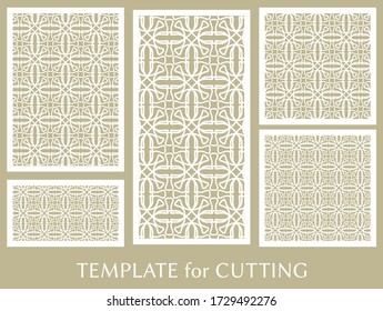 Decorative panels set for laser cutting. Geometric ornament for wedding invitation, envelope, greeting or business cards, Template for paper cut, printing, engraving wood, metal. Stencil manufacturing