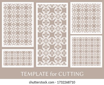 Decorative panels set for laser cutting. Geometric ornament for wedding invitation, envelope, greeting or business cards, Template for paper cut, printing, engraving wood, metal. Stencil manufacturing