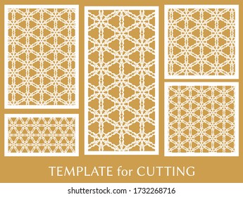 Decorative panels set for laser cutting. Geometric ornament for wedding invitation, envelope, greeting or business cards, Template for paper cut, printing, engraving wood, metal. Stencil manufacturing