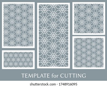 Paneles decorativos para corte láser. Ornamento geométrico para invitación de boda, sobre, saludo o tarjetas de visita, Plantilla para corte de papel, impresión, grabado de madera, metal. Fabricación de tenedores
