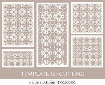 Decorative panels set for laser cutting. Geometric ornament for wedding invitation, envelope, greeting or business cards, Template for paper cut, printing, engraving wood, metal. Stencil manufacturing