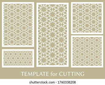 Decorative panels set for laser cutting. Geometric ornament for wedding invitation, envelope, greeting or business cards, Template for paper cut, printing, engraving wood, metal. Stencil manufacturing