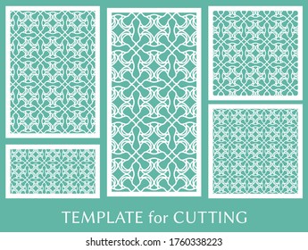Decorative panels set for laser cutting. Geometric ornament for wedding invitation, envelope, greeting or business cards, Template for paper cut, printing, engraving wood, metal. Stencil manufacturing