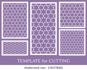 Decorative panels set for laser cutting. Geometric ornament for wedding invitation, envelope, greeting or business cards, Template for paper cut, printing, engraving wood, metal. Stencil manufacturing