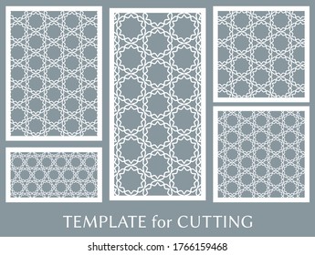 Paneles decorativos para corte láser. Ornamento geométrico para invitación de boda, sobre, saludo o tarjetas de visita, Plantilla para corte de papel, impresión, grabado de madera, metal. Fabricación de tenedores
