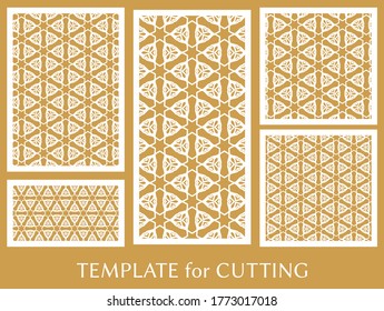 Decorative panels set for laser cutting. Geometric ornament for wedding invitation, envelope, greeting or business cards, Template for paper cut, printing, engraving wood, metal. Stencil manufacturing