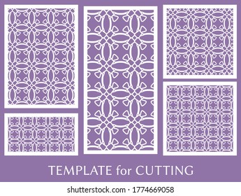Decorative panels set for laser cutting. Geometric ornament for wedding invitation, envelope, greeting or business cards, Template for paper cut, printing, engraving wood, metal. Stencil manufacturing
