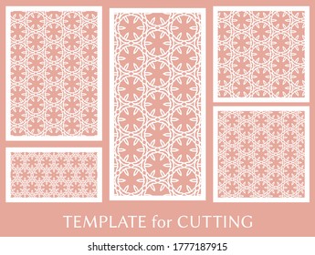 Decorative panels set for laser cutting. Geometric ornament for wedding invitation, envelope, greeting or business cards, Template for paper cut, printing, engraving wood, metal. Stencil manufacturing