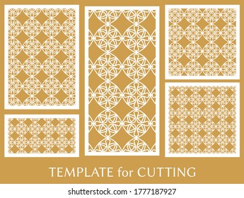 Decorative panels set for laser cutting. Geometric ornament for wedding invitation, envelope, greeting or business cards, Template for paper cut, printing, engraving wood, metal. Stencil manufacturing