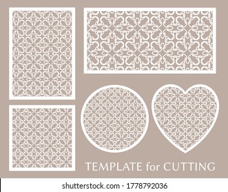 Paneles decorativos para corte láser. Ornamento geométrico redondo y elemento cardiaco para invitación de boda, sobre, tarjeta de saludo. Plantilla para cortar papel, imprimir. Fabricación de tenedores