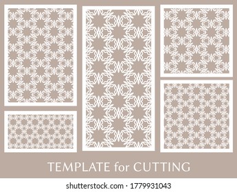 Paneles decorativos para corte láser. Ornamento geométrico para invitación de boda, sobre, saludo o tarjetas de visita, Plantilla para corte de papel, impresión, grabado de madera, metal. Fabricación de tenedores