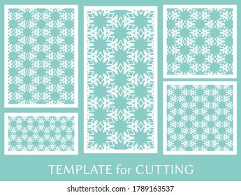 Decorative panels set for laser cutting. Geometric ornament for wedding invitation, envelope, greeting or business cards, Template for paper cut, printing, engraving wood, metal. Stencil manufacturing