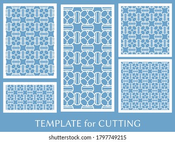 Decorative panels set for laser cutting. Geometric ornament for wedding invitation, envelope, greeting or business cards, Template for paper cut, printing, engraving wood, metal. Stencil manufacturing