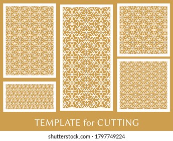 Paneles decorativos para corte láser. Ornamento geométrico para invitación de boda, sobre, saludo o tarjetas de visita, Plantilla para corte de papel, impresión, grabado de madera, metal. Fabricación de tenedores