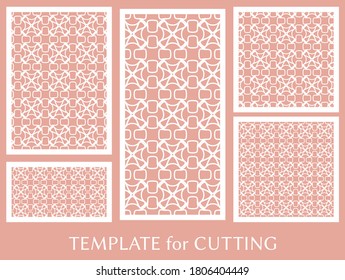 Decorative panels set for laser cutting. Geometric ornament for wedding invitation, envelope, greeting or business cards, Template for paper cut, printing, engraving wood, metal. Stencil manufacturing