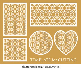 Decorative panels set for laser cutting. Geometric round ornament and heart element for wedding invitation, envelope, greeting card. Template for paper cut, printing. Stencil manufacturing