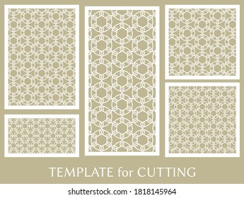 Paneles decorativos para corte láser. Ornamento geométrico para invitación de boda, sobre, saludo o tarjetas de visita, Plantilla para corte de papel, impresión, grabado de madera, metal. Fabricación de tenedores