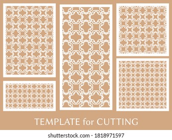 Decorative panels set for laser cutting. Geometric ornament for wedding invitation, envelope, greeting or business cards, Template for paper cut, printing, engraving wood, metal. Stencil manufacturing