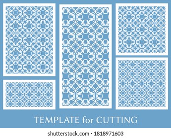 Decorative panels set for laser cutting. Geometric ornament for wedding invitation, envelope, greeting or business cards, Template for paper cut, printing, engraving wood, metal. Stencil manufacturing