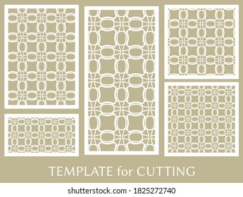 Paneles decorativos para corte láser. Ornamento geométrico para invitación de boda, sobre, saludo o tarjetas de visita, Plantilla para corte de papel, impresión, grabado de madera, metal. Fabricación de tenedores