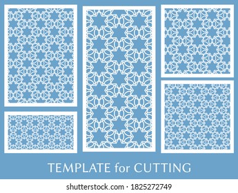 Decorative panels set for laser cutting. Geometric ornament for wedding invitation, envelope, greeting or business cards, Template for paper cut, printing, engraving wood, metal. Stencil manufacturing