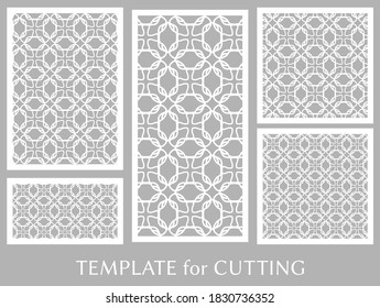 Paneles decorativos para corte láser. Ornamento geométrico para invitación de boda, sobre, saludo o tarjetas de visita, Plantilla para corte de papel, impresión, grabado de madera, metal. Fabricación de tenedores