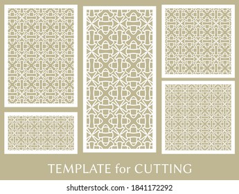 Paneles decorativos para corte láser. Ornamento geométrico para invitación de boda, sobre, saludo o tarjetas de visita, Plantilla para corte de papel, impresión, grabado de madera, metal. Fabricación de tenedores